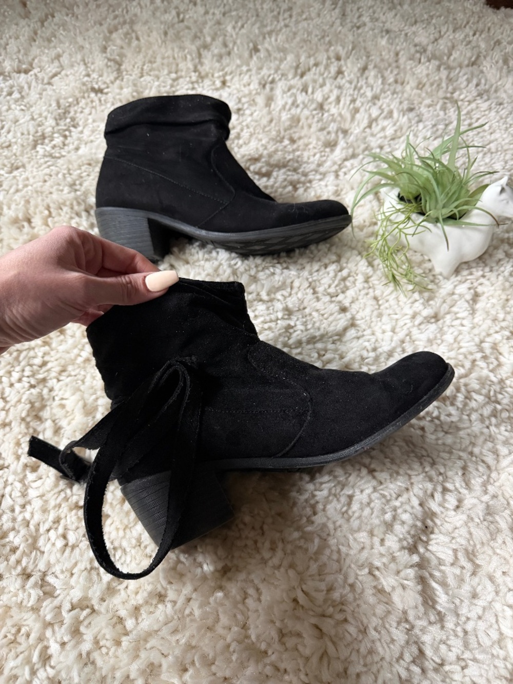 American Eagle Outfitters Black Suede Ankle Booties with Back Wrap Tie suede ank
